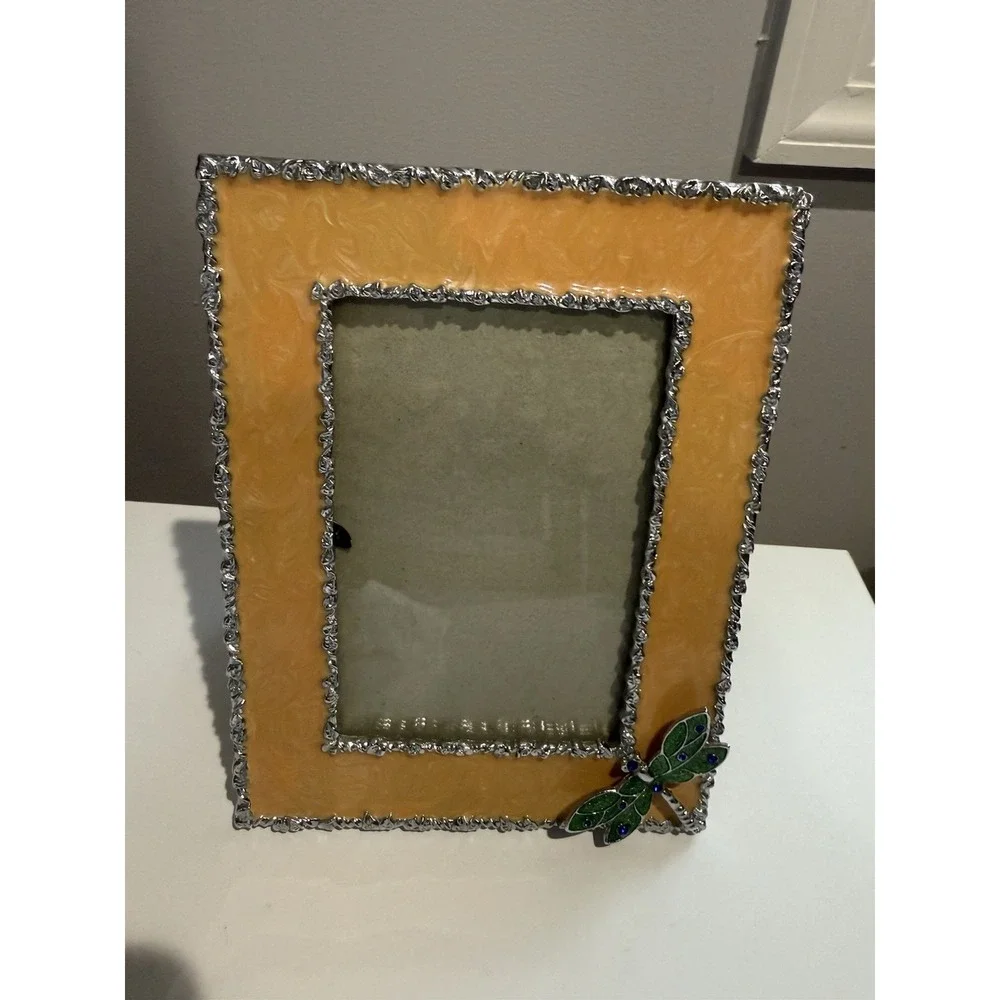 Dragonfly Orange Yellow Enamel Photo‎ Frame Jeweled Rectangle Metal
